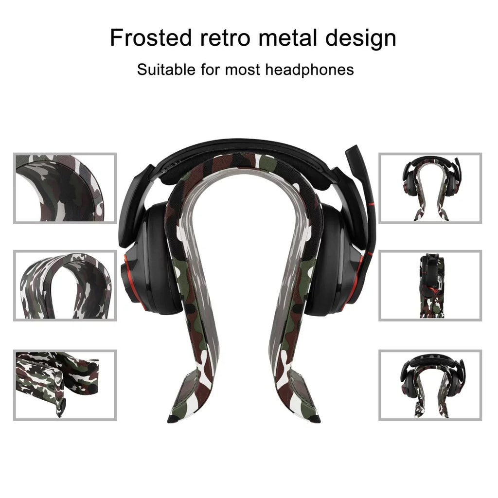 Geekria Vegan Leather Wooden Omega Headphone Stand for Over-Ear Headphones, Gaming Headset Stand, Desk Display Hanger Compatible with Sennheiser, JBL, Hyperx, Razer, Turtle Beach, PS5 (Camo)