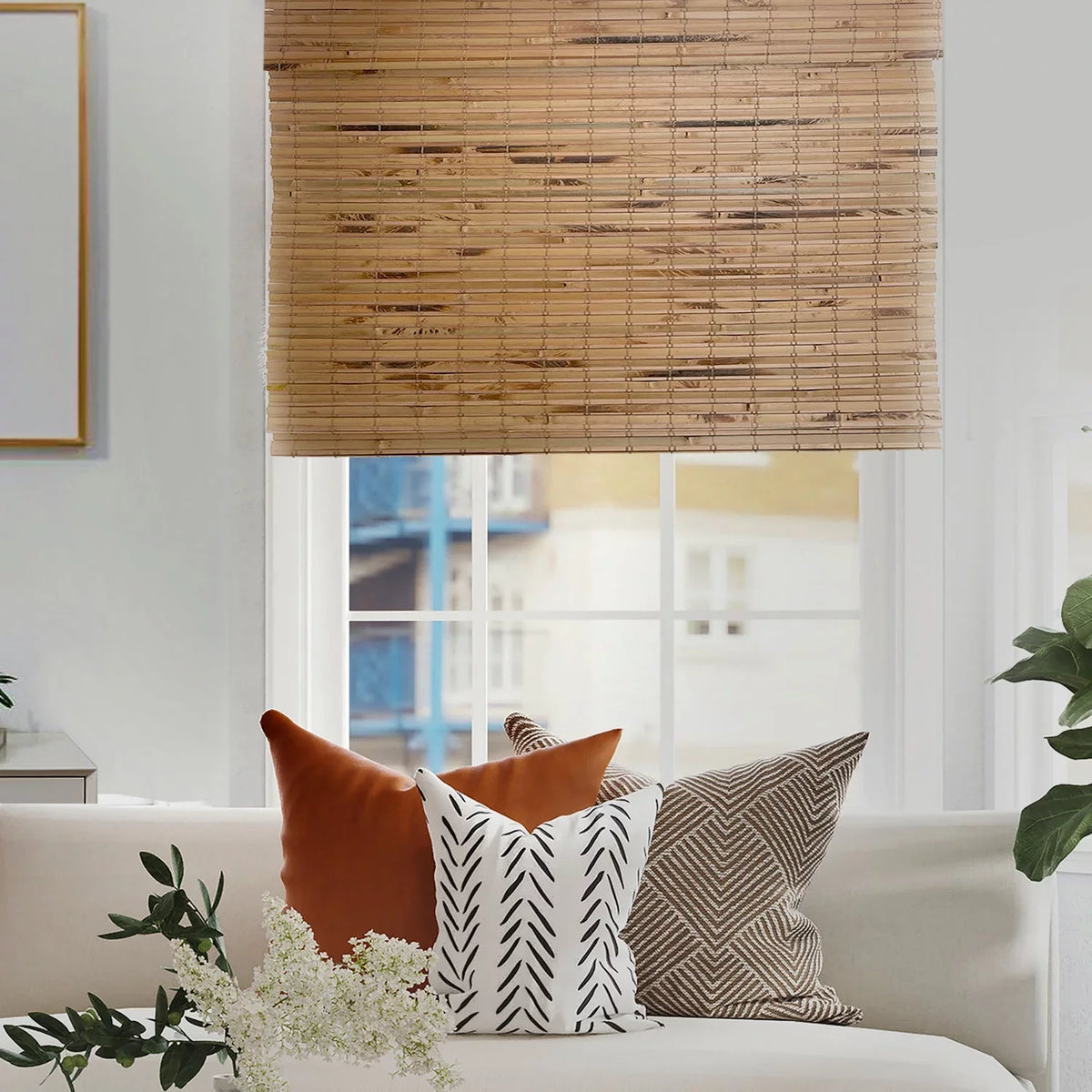 MOOD Custom Bamboo Shades | NATURAL | Cordless Designer Natural Woven Wood Roman Shades for Windows | Natural Cedar (Great Privacy) | 52"W X 60"H