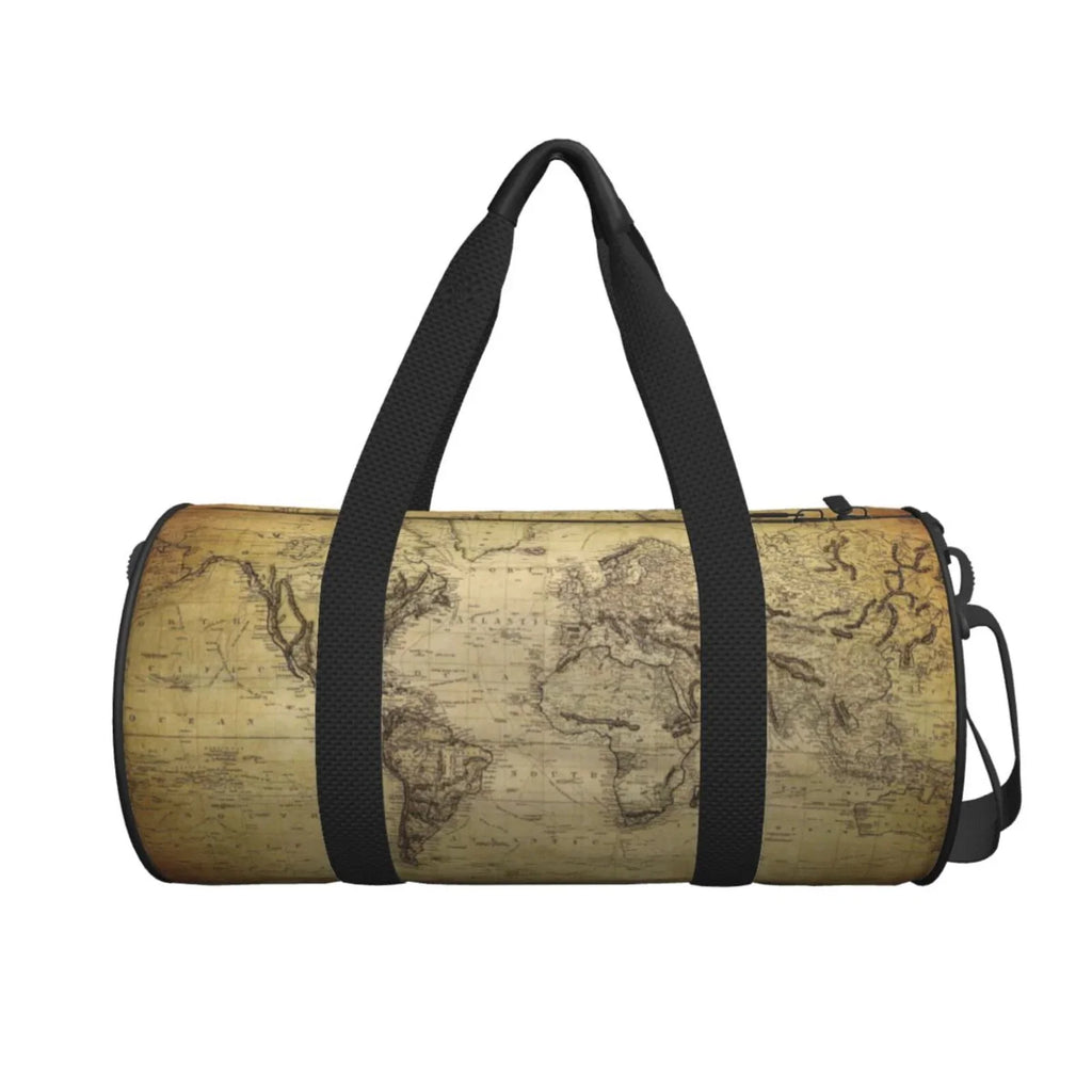 Coaee Vintage World Map Large Capacity Travel Luggage Bag Cylinder Gym Bag Fluid Sports Bag with Pocket and Compartment
