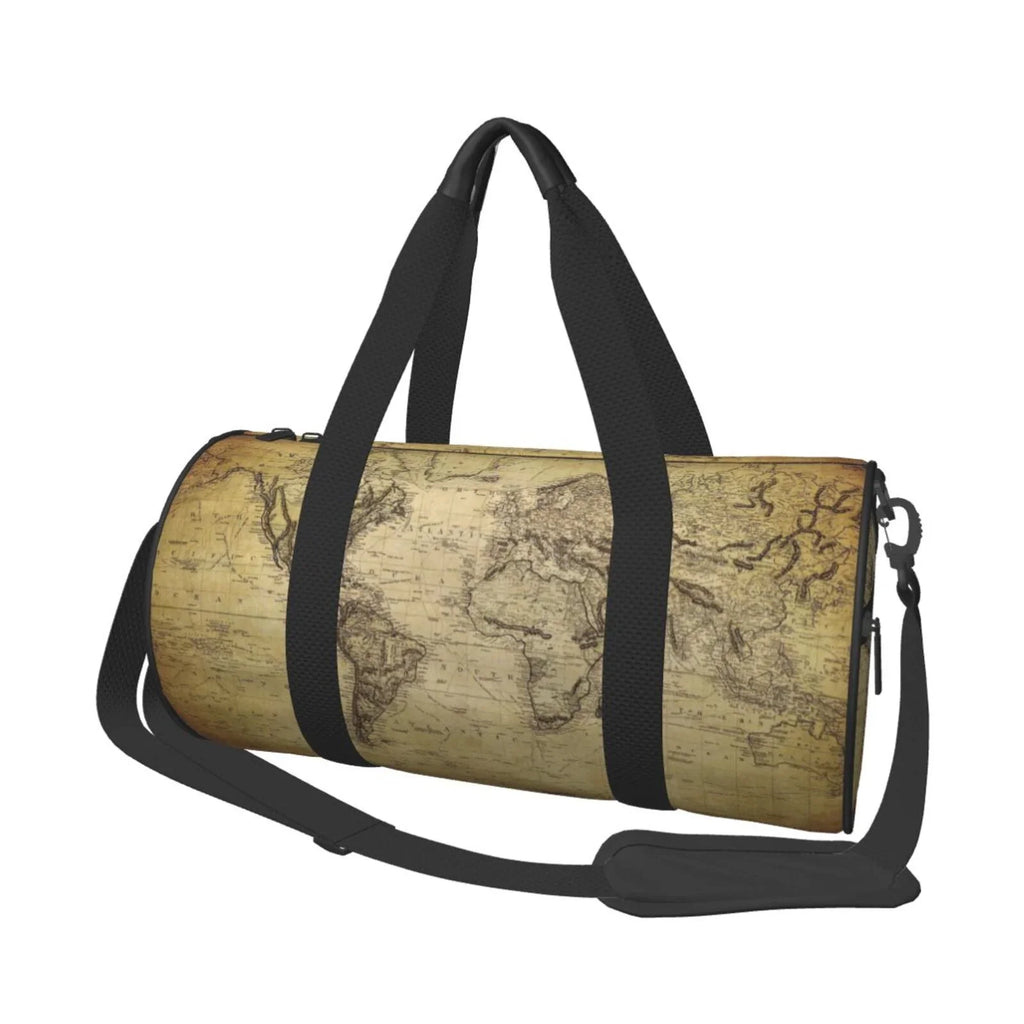 Coaee Vintage World Map Large Capacity Travel Luggage Bag Cylinder Gym Bag Fluid Sports Bag with Pocket and Compartment
