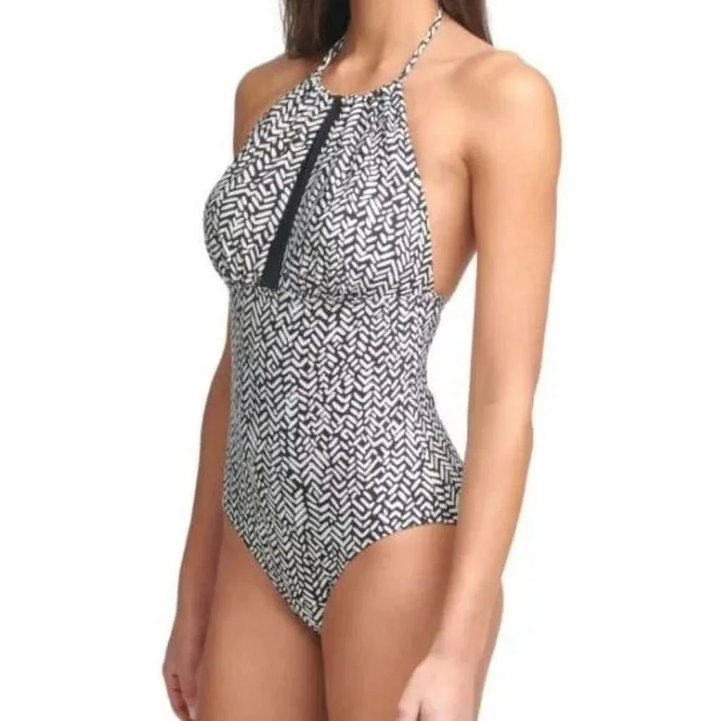 CALVIN KLEIN Women's Black Printed Stretch Tummy Control HALTER NECKLINE REMOVABLE CUPS Full Coverage UV Protection One Piece Swimsuit 14