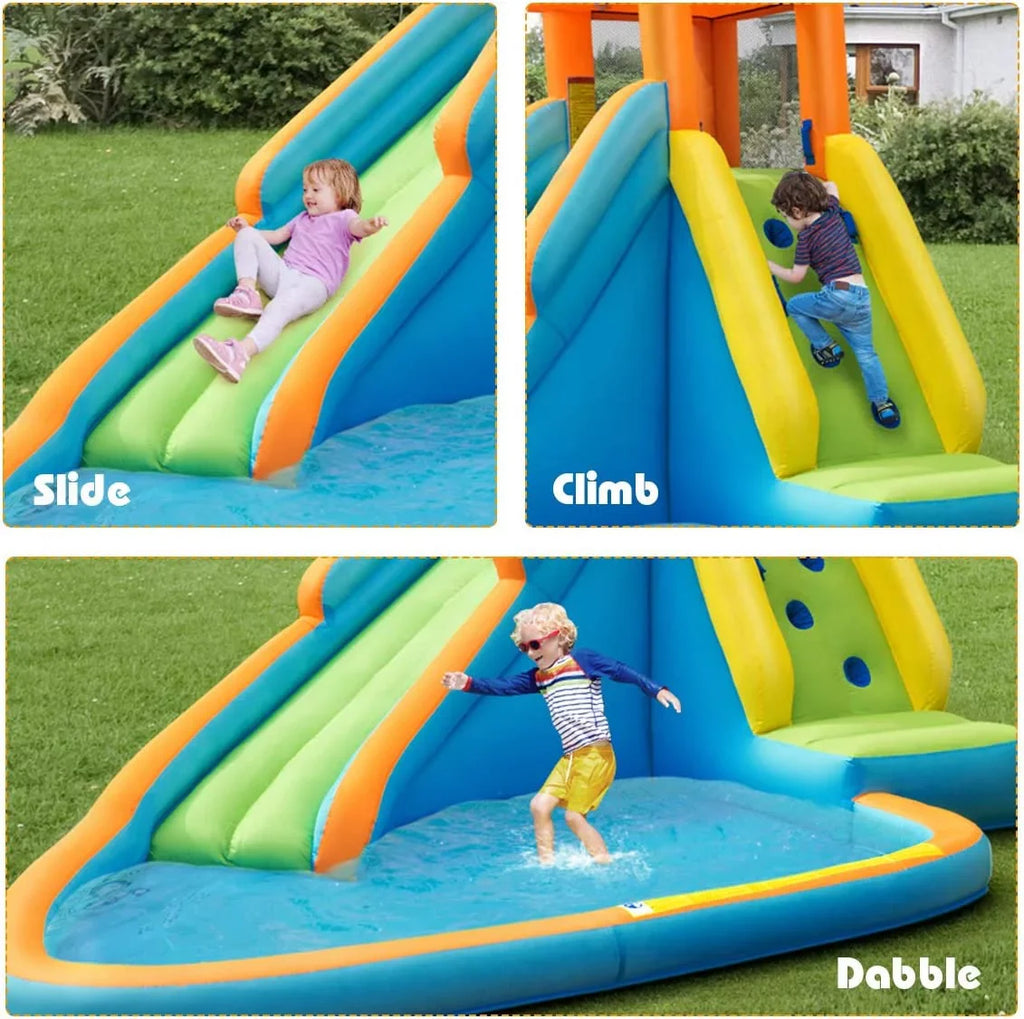 Inflatable Liquid Slide, Hippo Themed Liquid Slides for Kids Backyard w/Long Slide, 740w Blower, Splashing Pool, Liquid Cannon, Indoor Outdoor Blow up Giant Fluid Park for Big Kids and Adults