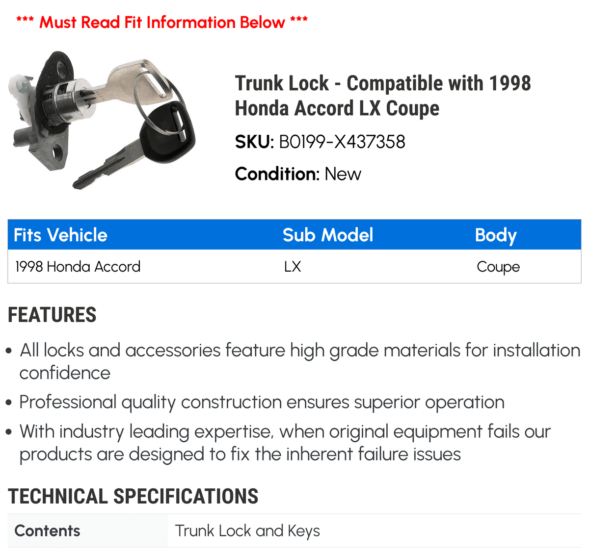 Trunk Lock - Compatible with 1998 Honda Accord LX Coupe
