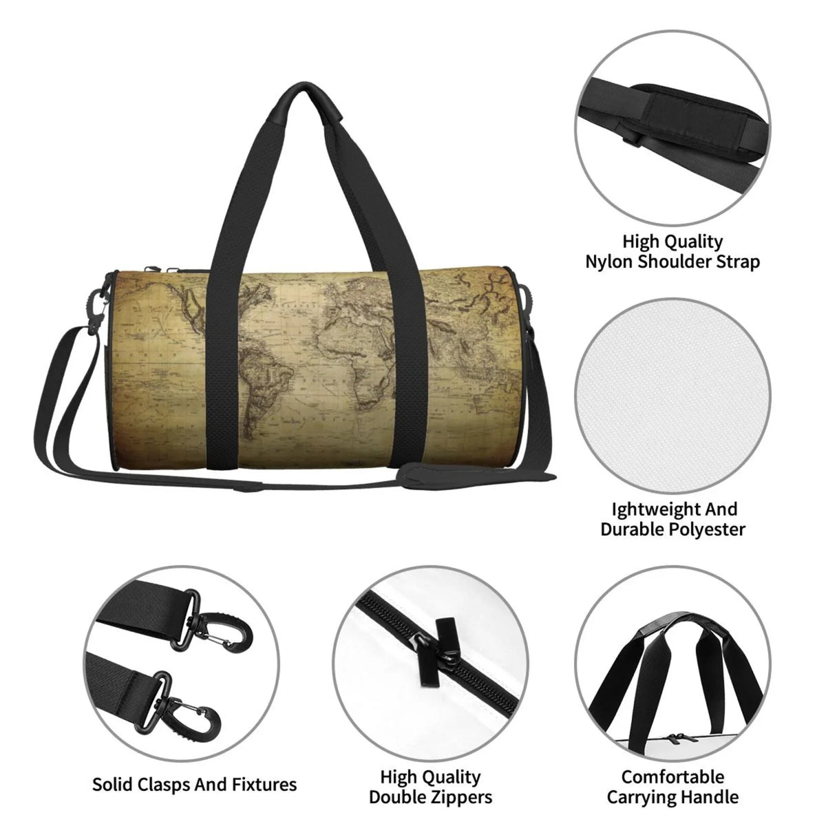 Coaee Vintage World Map Large Capacity Travel Luggage Bag Cylinder Gym Bag Fluid Sports Bag with Pocket and Compartment