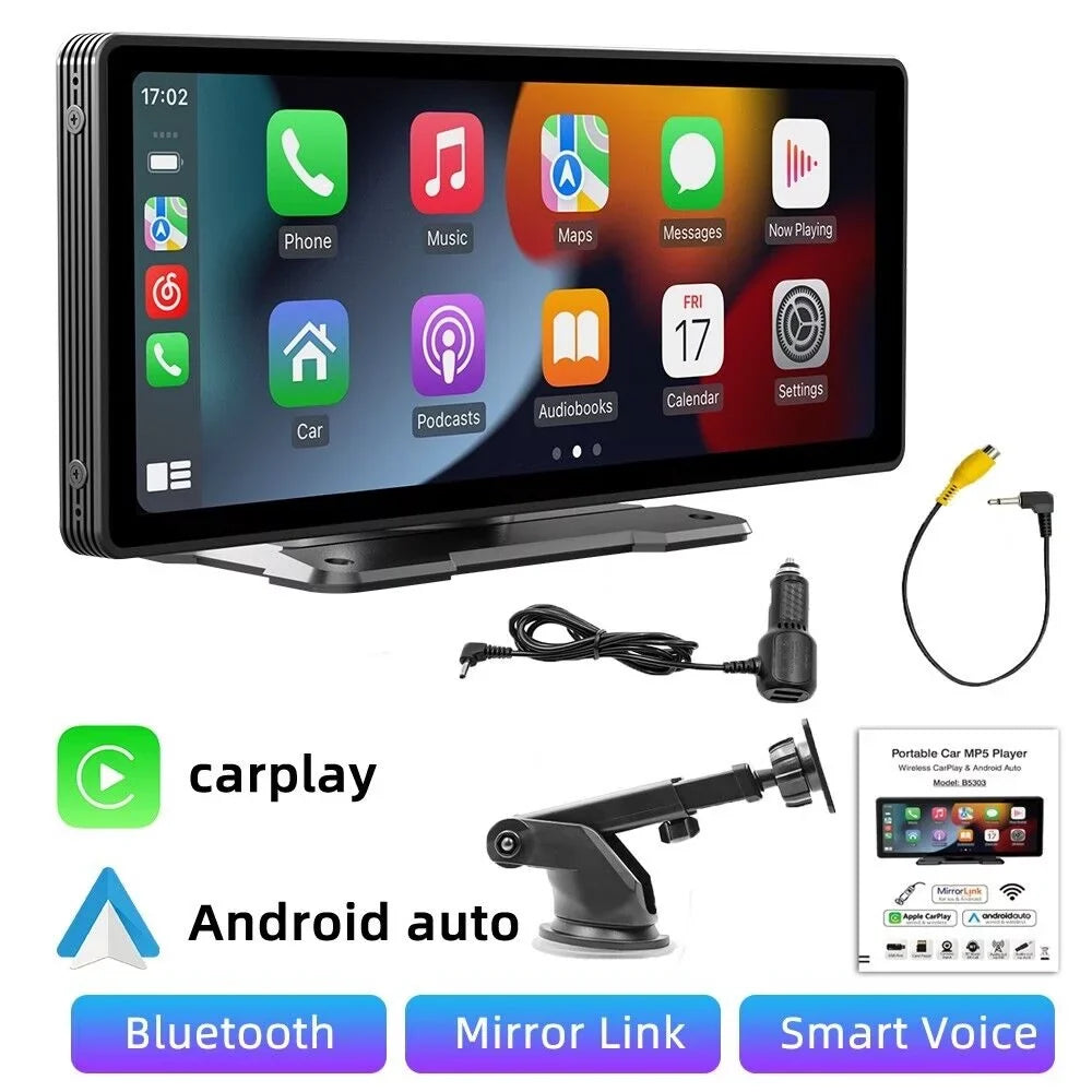 Portable Car Stereo Wireless CarPlay & Android Auto, Car Radio 10.26" Monitor Bluetooth5.0, Mirror Link, Maps Navigation, Voice Control,AUX Cable Vehicles