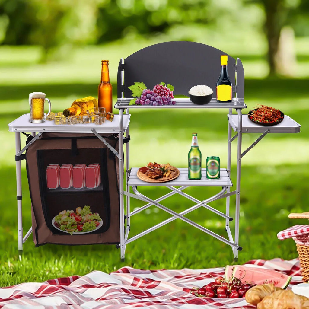 Folding Camping Station Portable Barbecue Table Rack+Brown Fabric Cover