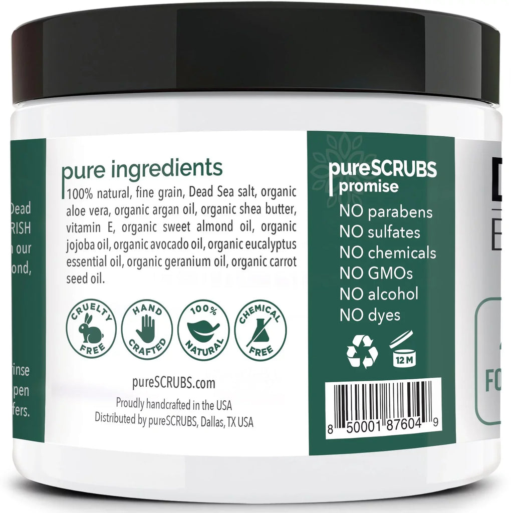 pureSCRUBS Premium Organic Body Scrub Set - Large 16oz EUCALYPTUS BODY SCRUB - Pure Dead Sea Salt Second-hand Organic Essential Oils & Nutrients + FREE Wooden Spoon, Loofah & Mini Exfoliating Bar Soap