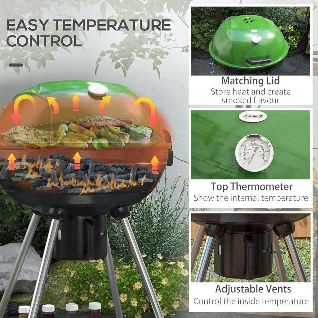 21" Kettle Charcoal BBQ Grill Trolley with 360 sq.in. Cooking Area, Outdoor Barbecue with Shelf, Wheels, Ash Catcher and Built-in Thermometer for Patio, Backyard Party, Green