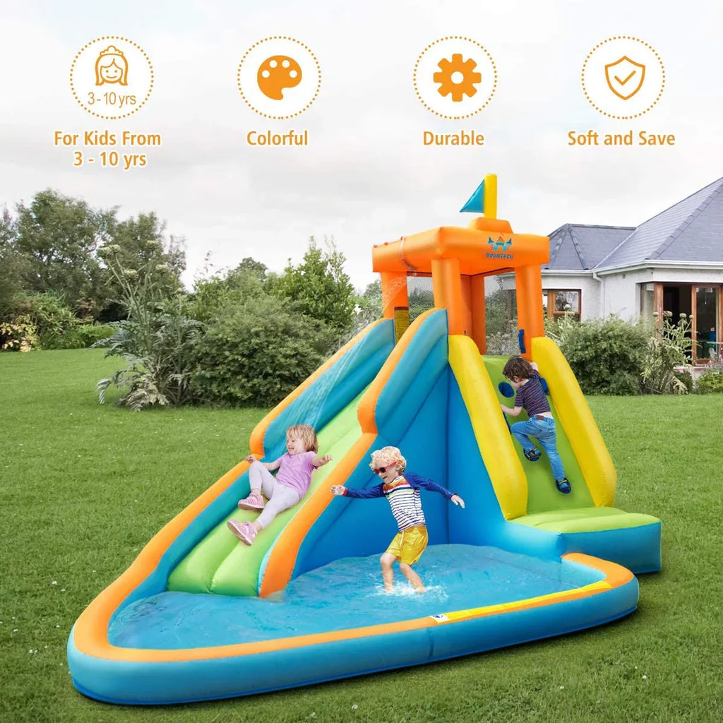 Inflatable Liquid Slide, Hippo Themed Liquid Slides for Kids Backyard w/Long Slide, 740w Blower, Splashing Pool, Liquid Cannon, Indoor Outdoor Blow up Giant Fluid Park for Big Kids and Adults