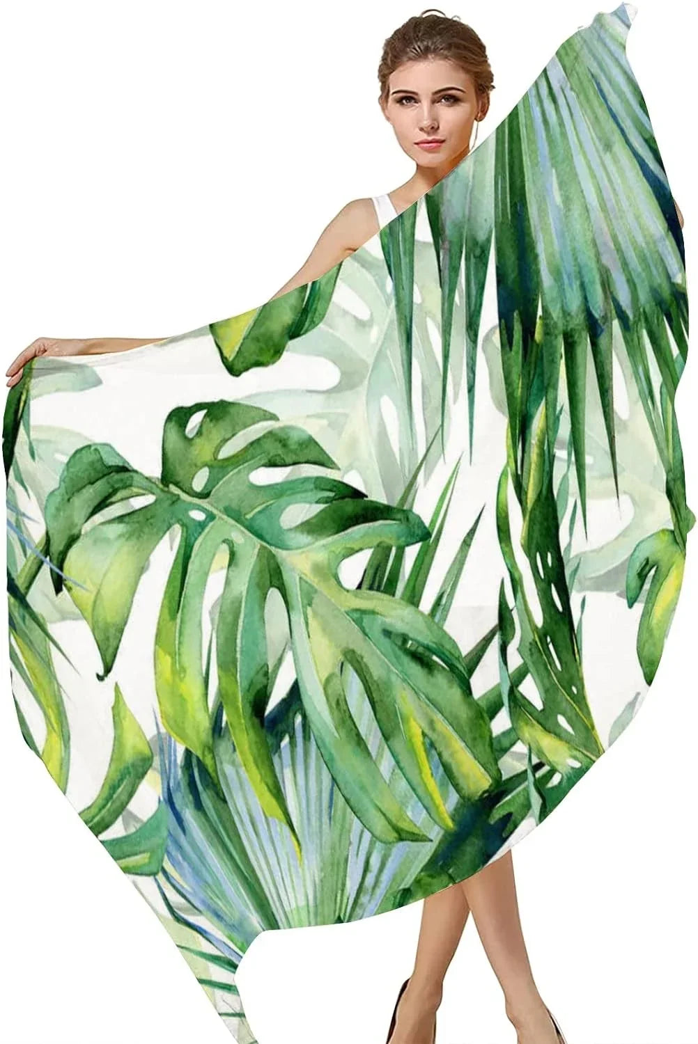 Hyjoy Fluid Green Leaves Long Silk Neck Scarf Lightweight Shawl Wrap Scarves for Women Girls