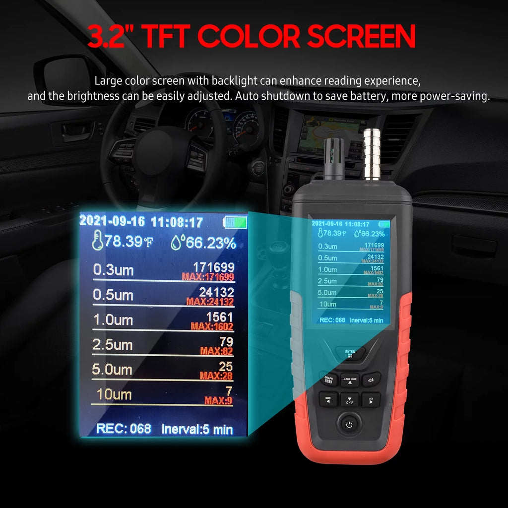 Walmeck Dust Particle Counter 6-Channel 0.3um/ 0.5μm/ 1.0μm/ 2.5μm/ 5.0μm/ 10um PM2.5 PM10 Detector with 3.2-inch Backlight TFT Color Monitor Air Quality Tester Temperature Humidity Home Offi