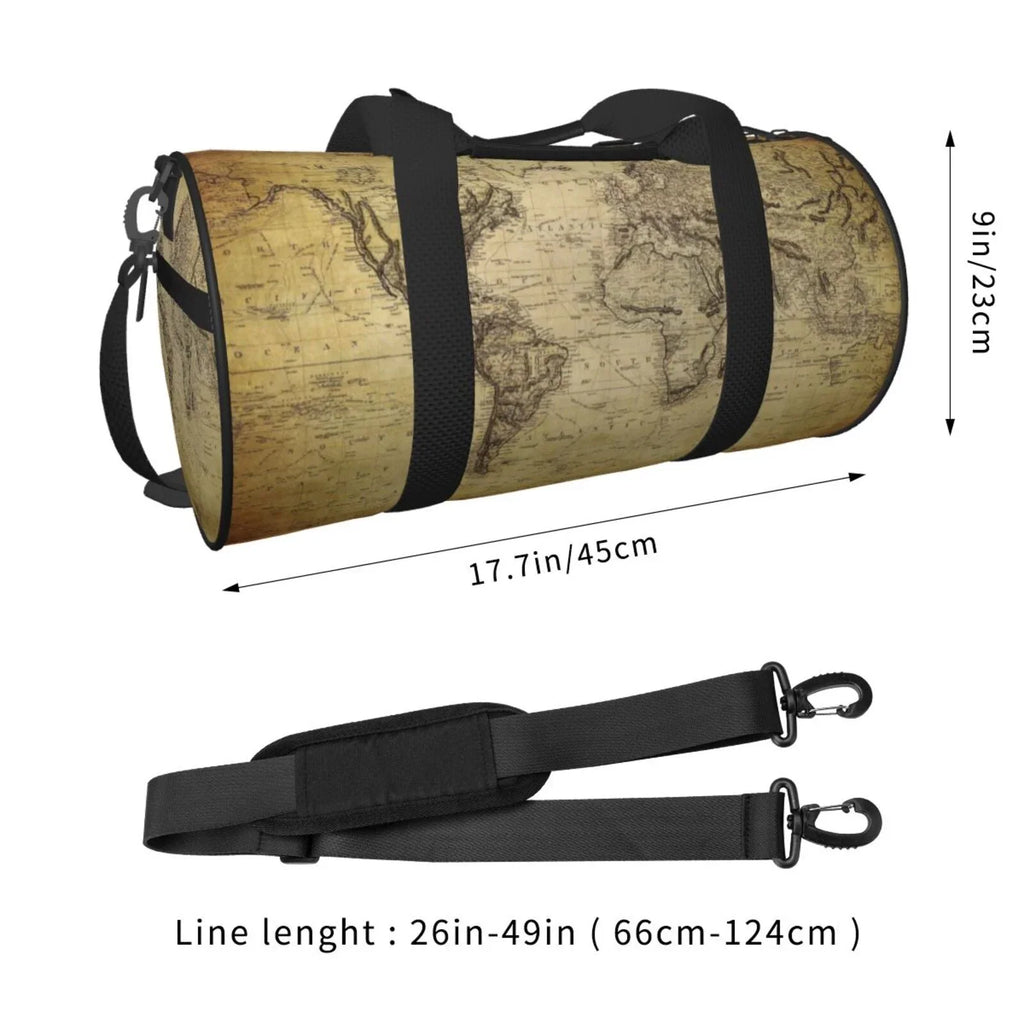 Coaee Vintage World Map Large Capacity Travel Luggage Bag Cylinder Gym Bag Fluid Sports Bag with Pocket and Compartment