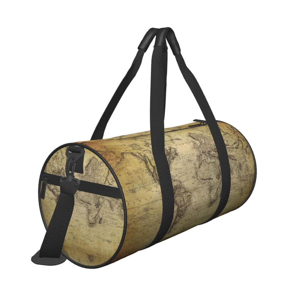 Coaee Vintage World Map Large Capacity Travel Luggage Bag Cylinder Gym Bag Fluid Sports Bag with Pocket and Compartment