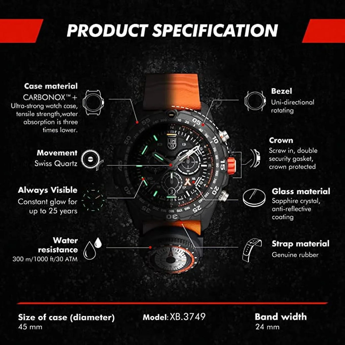 Luminox Bear Grylls Mens Watch Survival Master Series - 3749: 45mm Black/Orange Stainless Steel Swiss Made 300 M Liquid Resistance