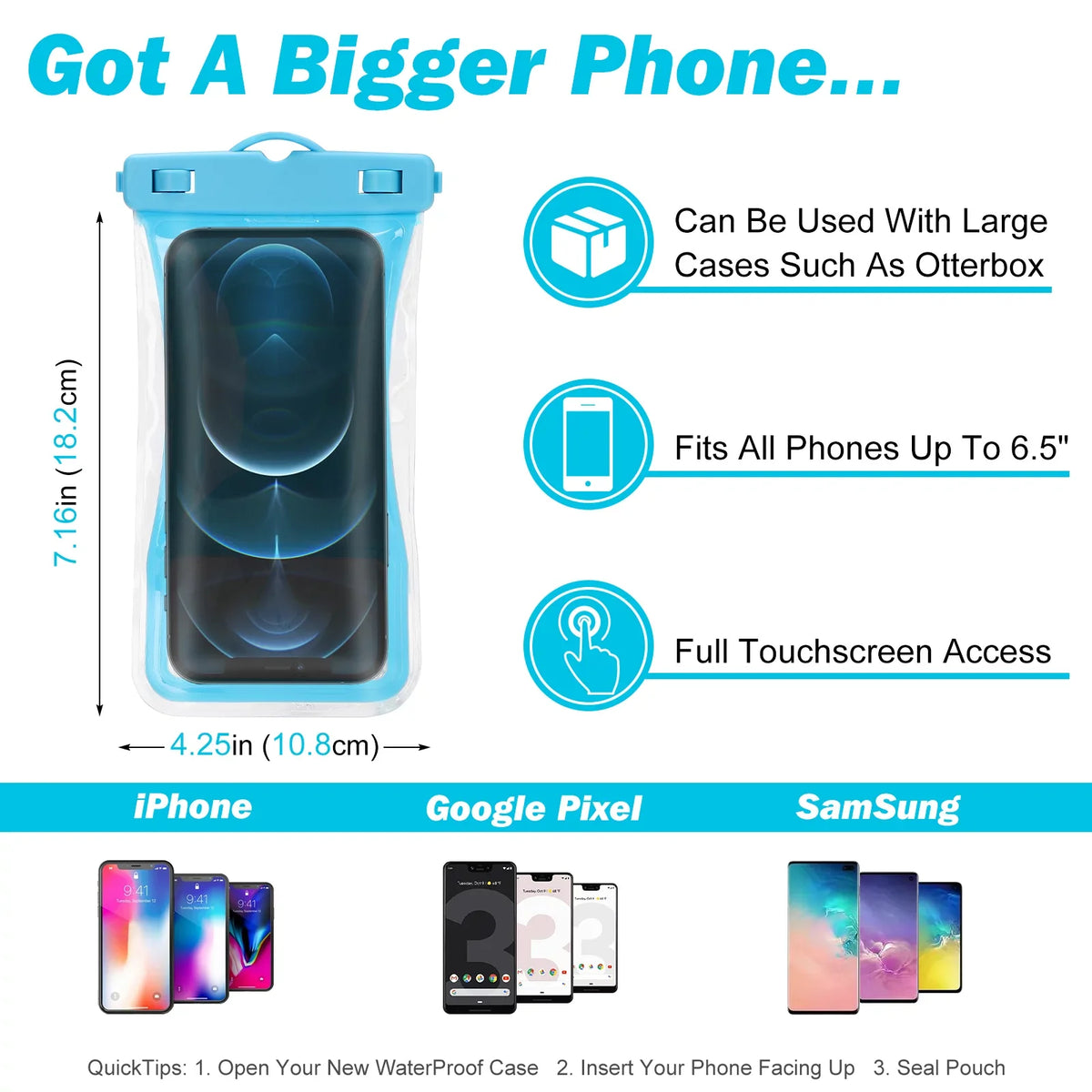 Urbanx Universal Liquid Phone Pouch Cellphone Dry Bag Case Designed For Sonim XP8 Perfect Fit for All Other Smartphones Up To 7" - 3 Cases - Mixed Colors