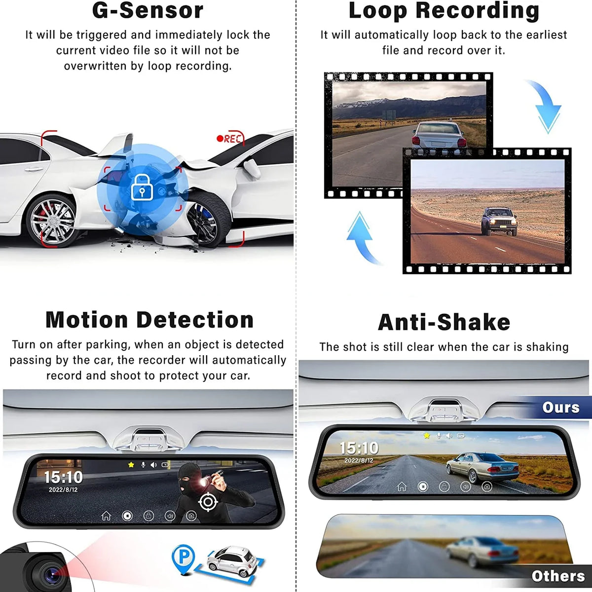 10" Touch Display Mirror Dash Camera, 1080P Dual Dash Cam Kit Front and Rear View, Backup Camera for Cars, Super Night Vision, Motion Detection,Reversing Assistance, Loop Recording