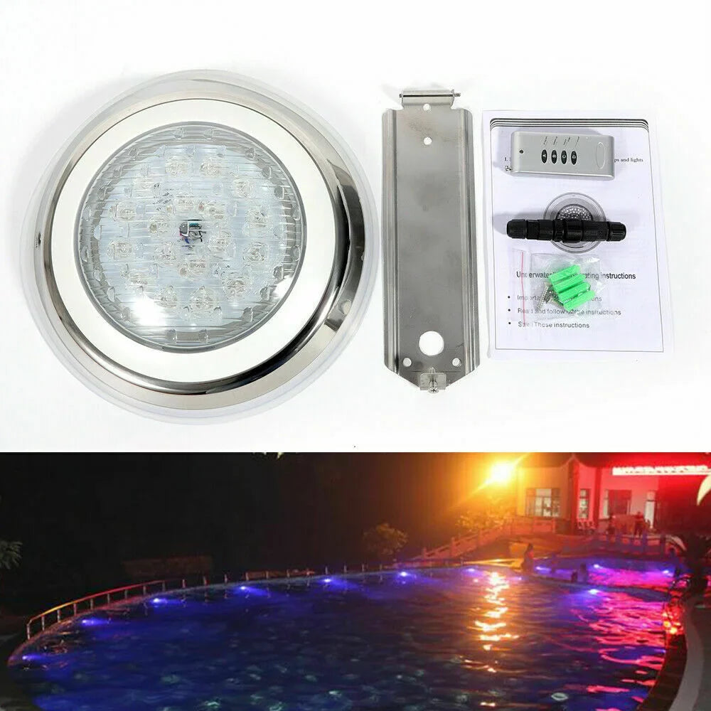 12V 54W RGB Fluid Swimming Pool Light 7 Color-Change LED Lights w/Remote IP68 Fluid Stainless Steel