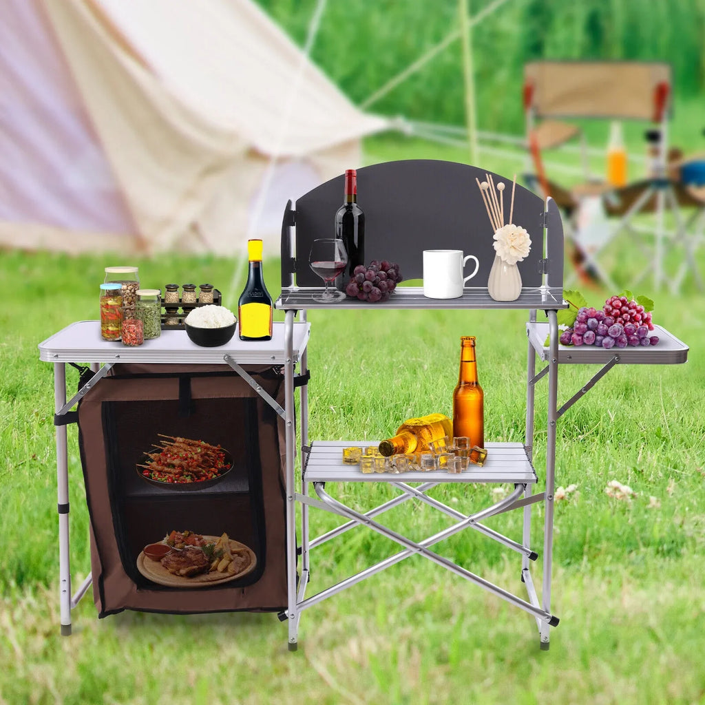 Folding Camping Station Portable Barbecue Table Rack+Brown Fabric Cover