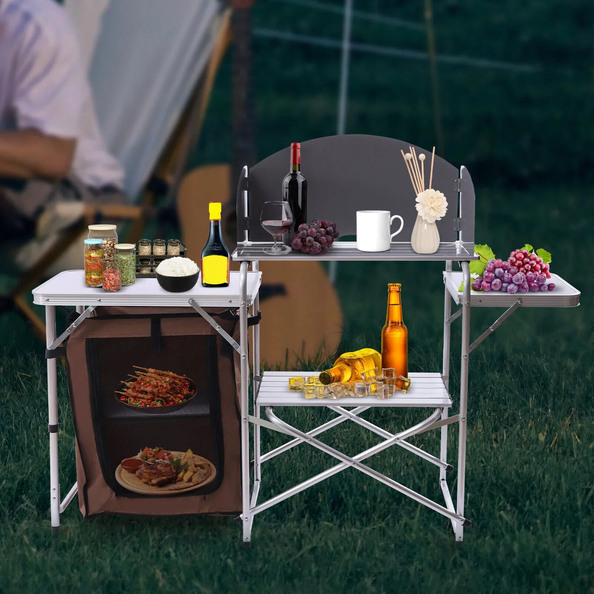 Folding Camping Station Portable Barbecue Table Rack+Brown Fabric Cover