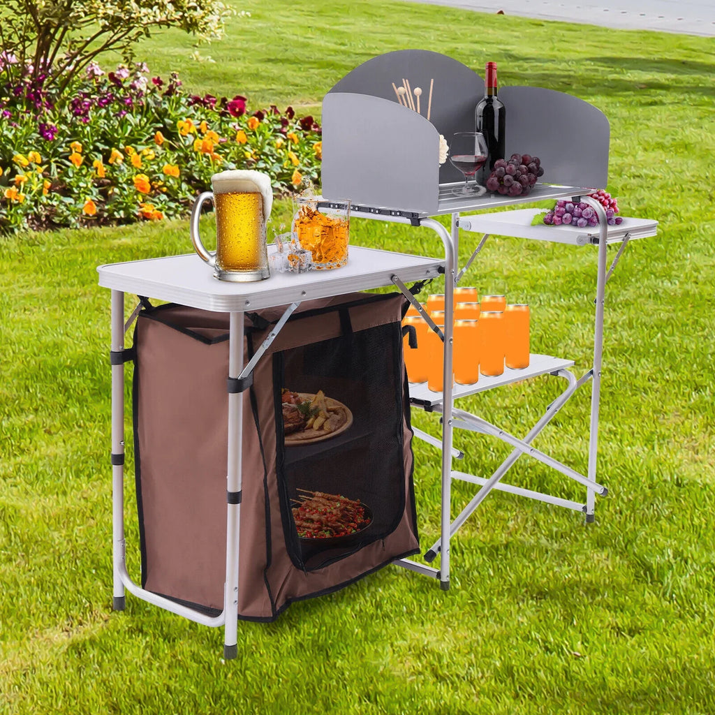 Folding Camping Station Portable Barbecue Table Rack+Brown Fabric Cover