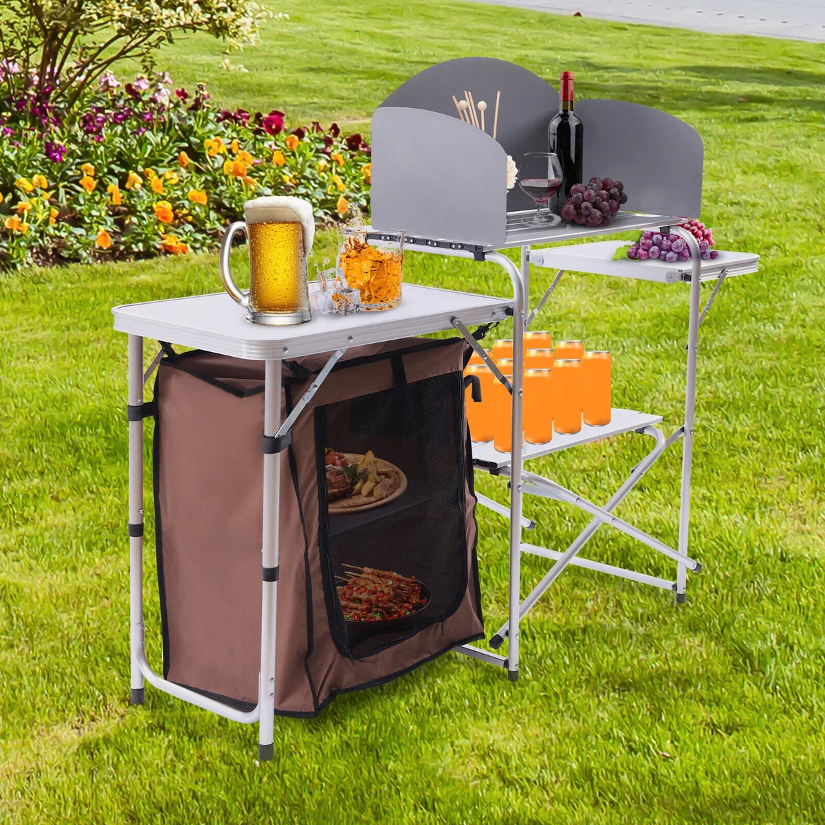 Folding Camping Station Portable Barbecue Table Rack+Brown Fabric Cover