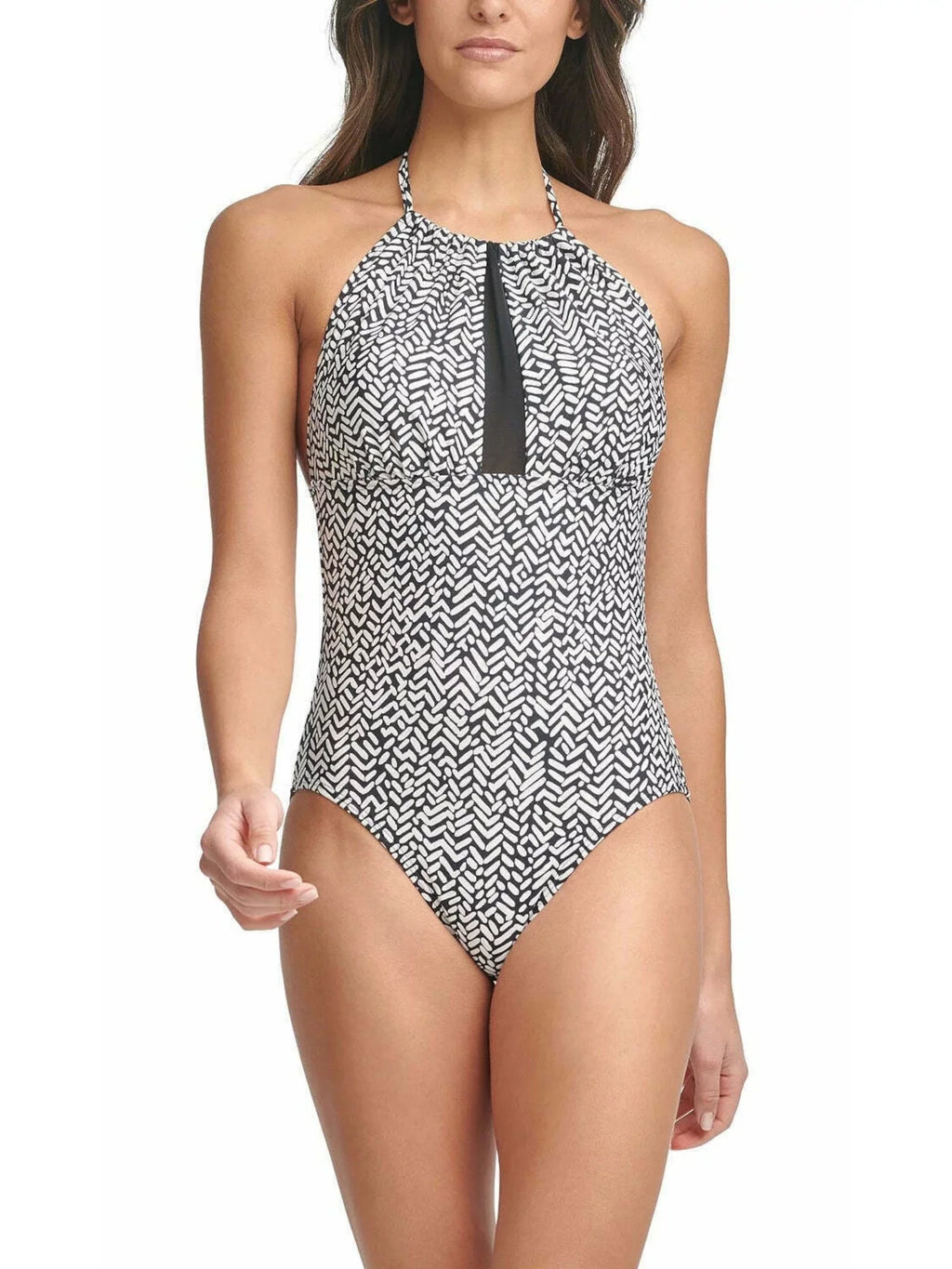CALVIN KLEIN Women's Black Printed Stretch Tummy Control HALTER NECKLINE REMOVABLE CUPS Full Coverage UV Protection One Piece Swimsuit 14
