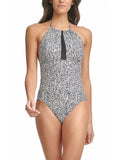 CALVIN KLEIN Women's Black Printed Stretch Tummy Control HALTER NECKLINE REMOVABLE CUPS Full Coverage UV Protection One Piece Swimsuit 14