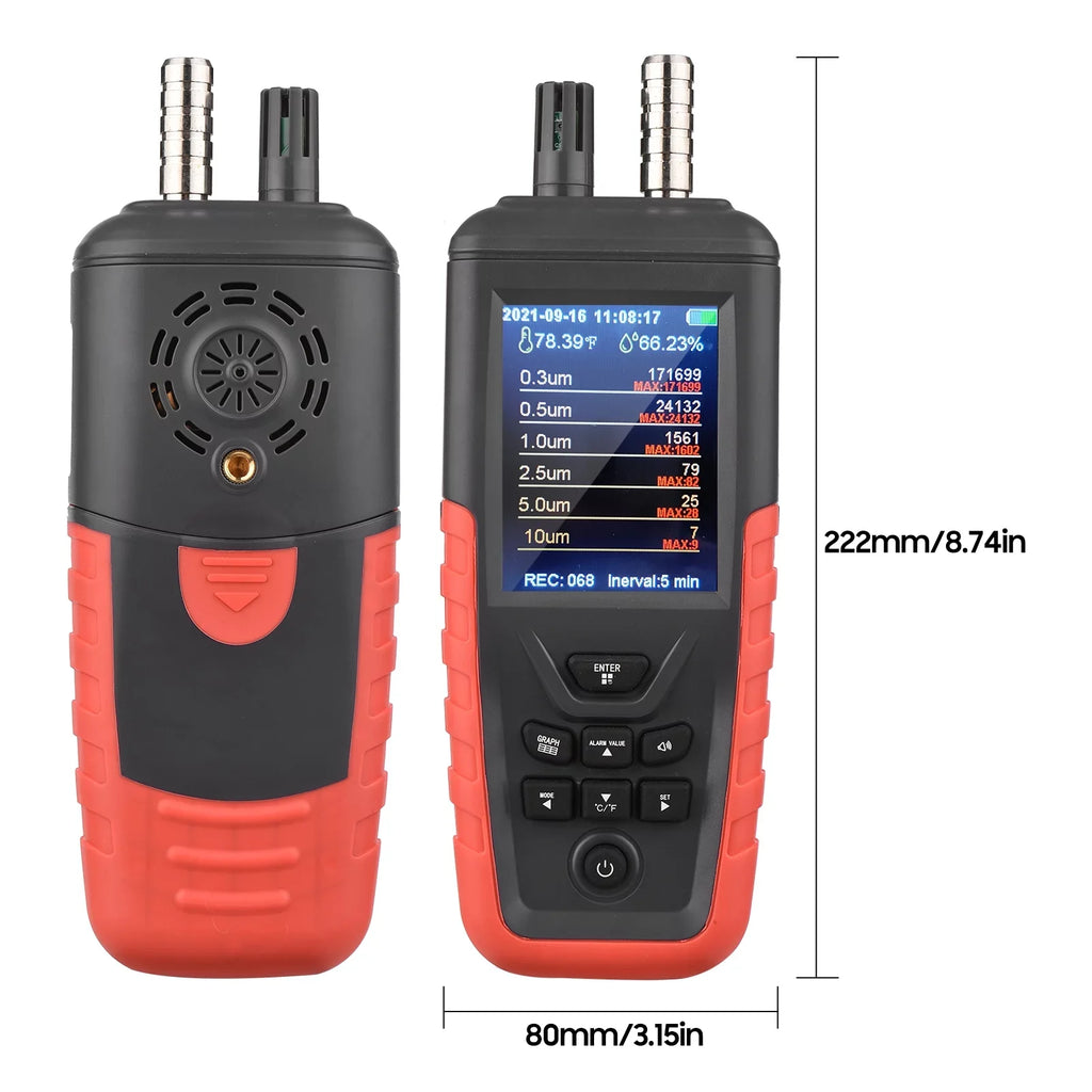 Walmeck Dust Particle Counter 6-Channel 0.3um/ 0.5μm/ 1.0μm/ 2.5μm/ 5.0μm/ 10um PM2.5 PM10 Detector with 3.2-inch Backlight TFT Color Monitor Air Quality Tester Temperature Humidity Home Offi