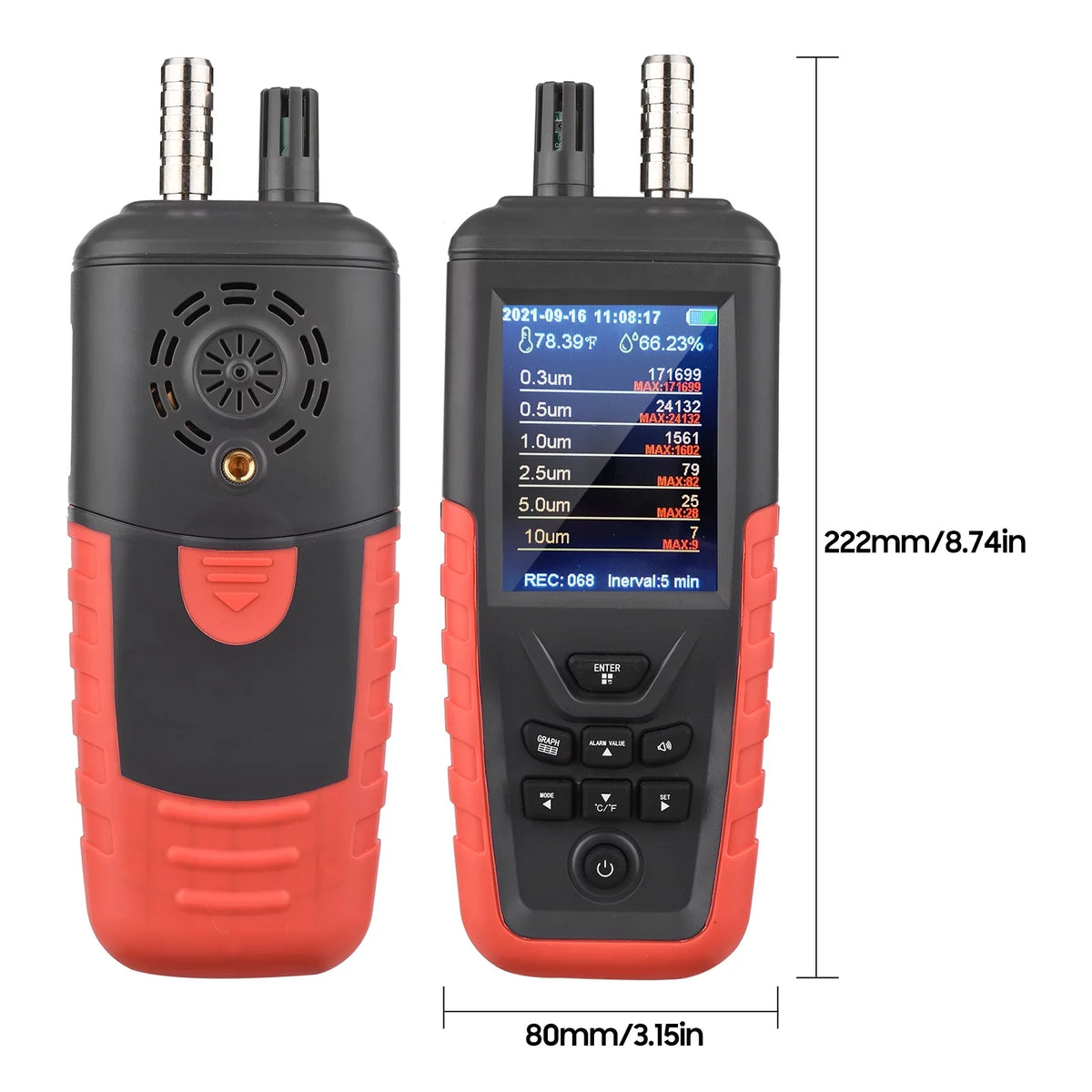 Walmeck Dust Particle Counter 6-Channel 0.3um/ 0.5μm/ 1.0μm/ 2.5μm/ 5.0μm/ 10um PM2.5 PM10 Detector with 3.2-inch Backlight TFT Color Monitor Air Quality Tester Temperature Humidity Home Offi