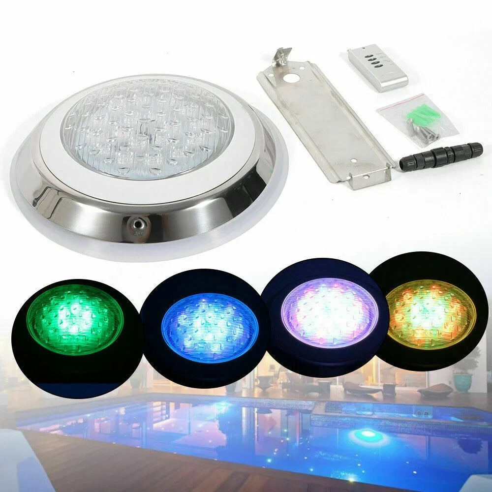 12V 54W RGB Fluid Swimming Pool Light 7 Color-Change LED Lights w/Remote IP68 Fluid Stainless Steel