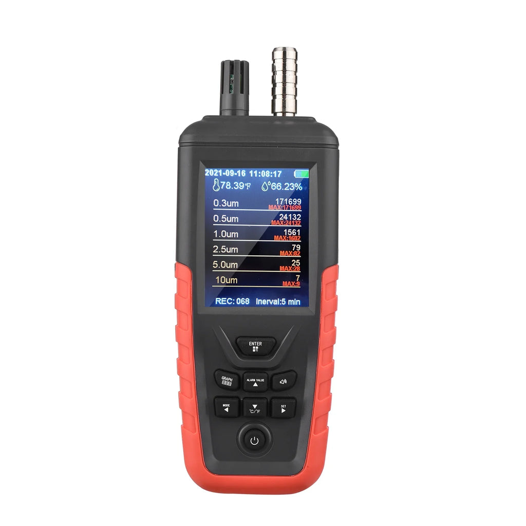 Walmeck Dust Particle Counter 6-Channel 0.3um/ 0.5μm/ 1.0μm/ 2.5μm/ 5.0μm/ 10um PM2.5 PM10 Detector with 3.2-inch Backlight TFT Color Monitor Air Quality Tester Temperature Humidity Home Offi