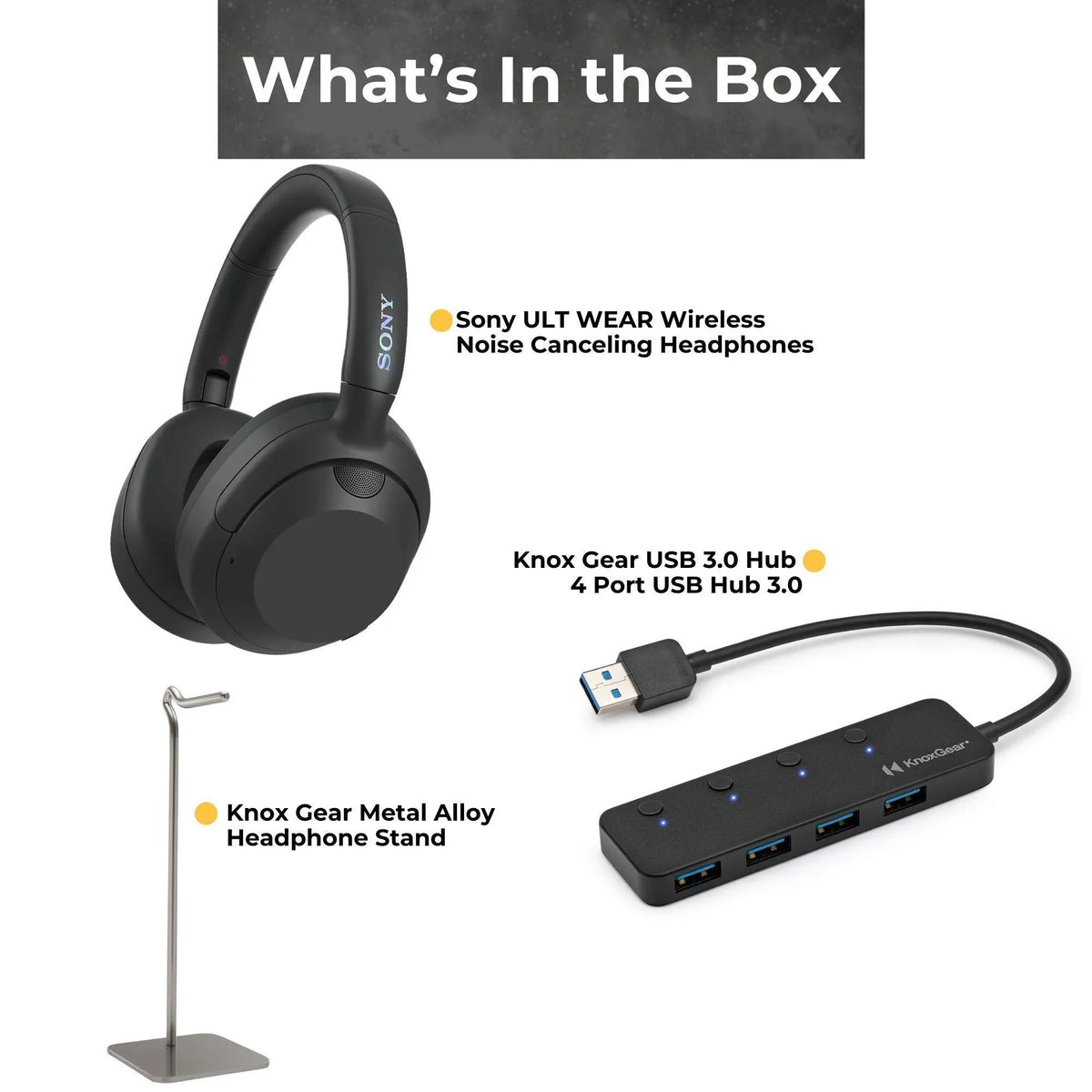 WHULT900N-B ULT Noise Cancelling Headphones (Black) Bundle with Gear 4-Port USB 3.0 Hub, Gear Metal Alloy Headphone Stand (3 Items)