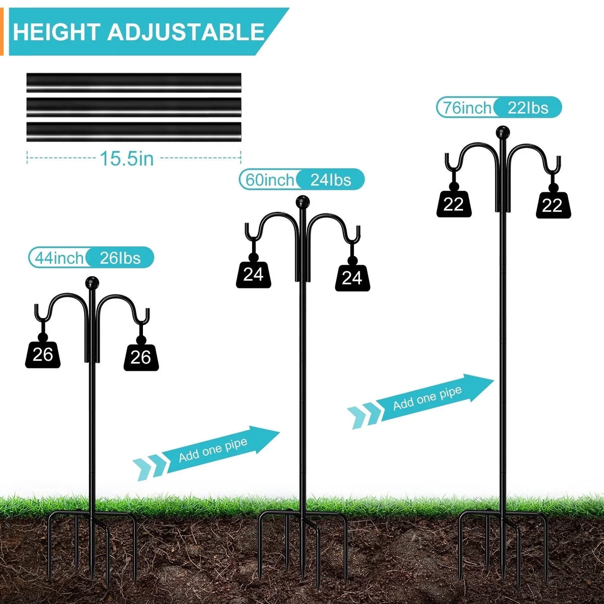 Shepherds Hooks for Outdoor, 76" Double Bird Feeder Poles with 5 Prongs, Upgraded Outdoor Plant Hanger Hooks for Bird Feeder, Plant Baskets(2 Pack)