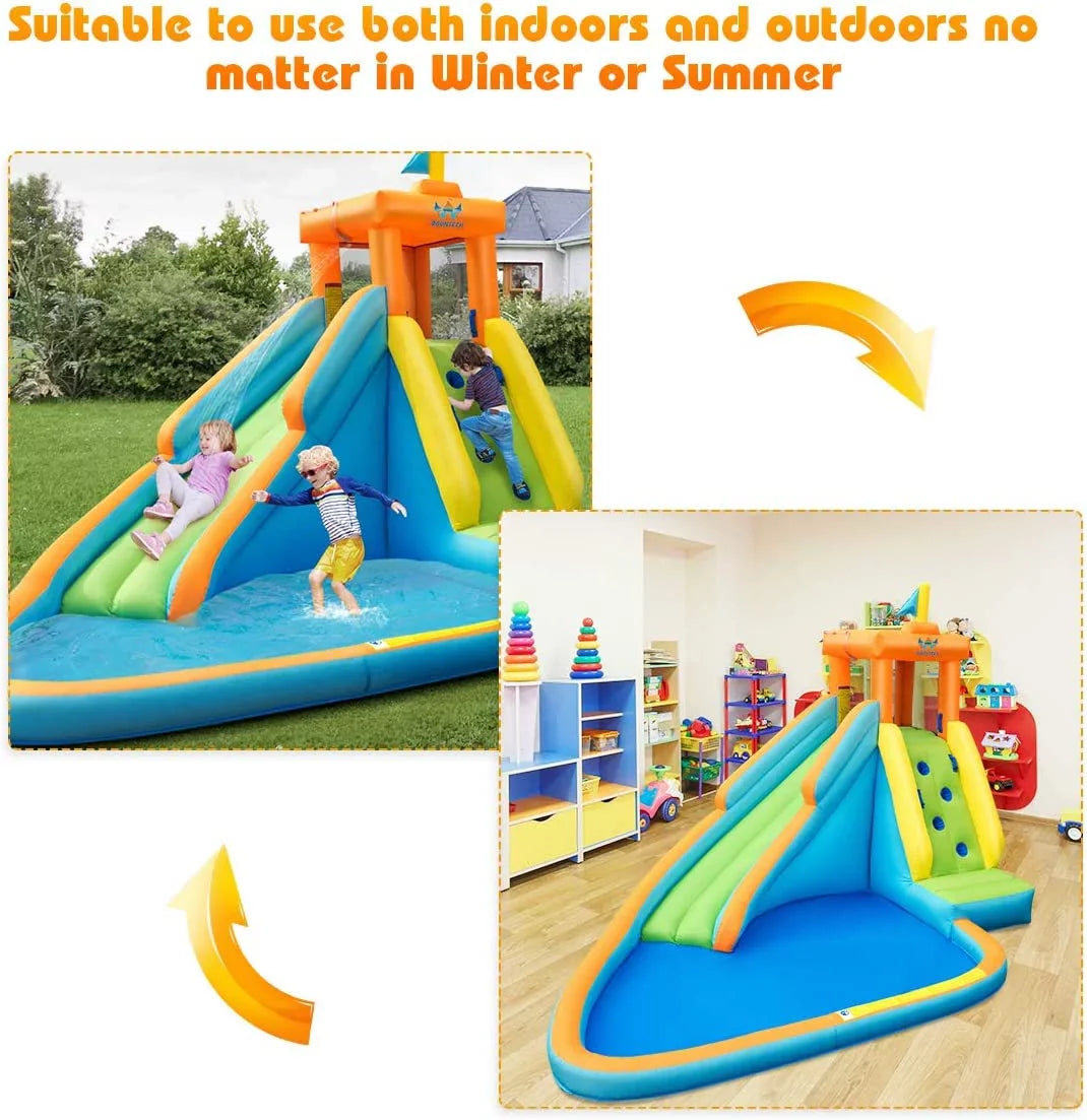 Inflatable Liquid Slide, Hippo Themed Liquid Slides for Kids Backyard w/Long Slide, 740w Blower, Splashing Pool, Liquid Cannon, Indoor Outdoor Blow up Giant Fluid Park for Big Kids and Adults