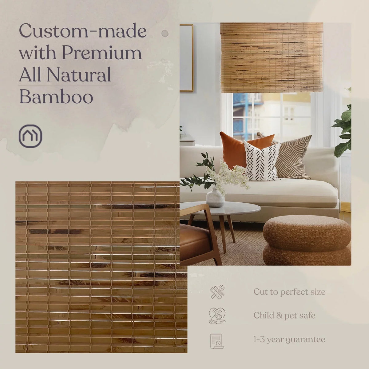 MOOD Custom Bamboo Shades | NATURAL | Cordless Designer Natural Woven Wood Roman Shades for Windows | Natural Cedar (Great Privacy) | 52"W X 60"H