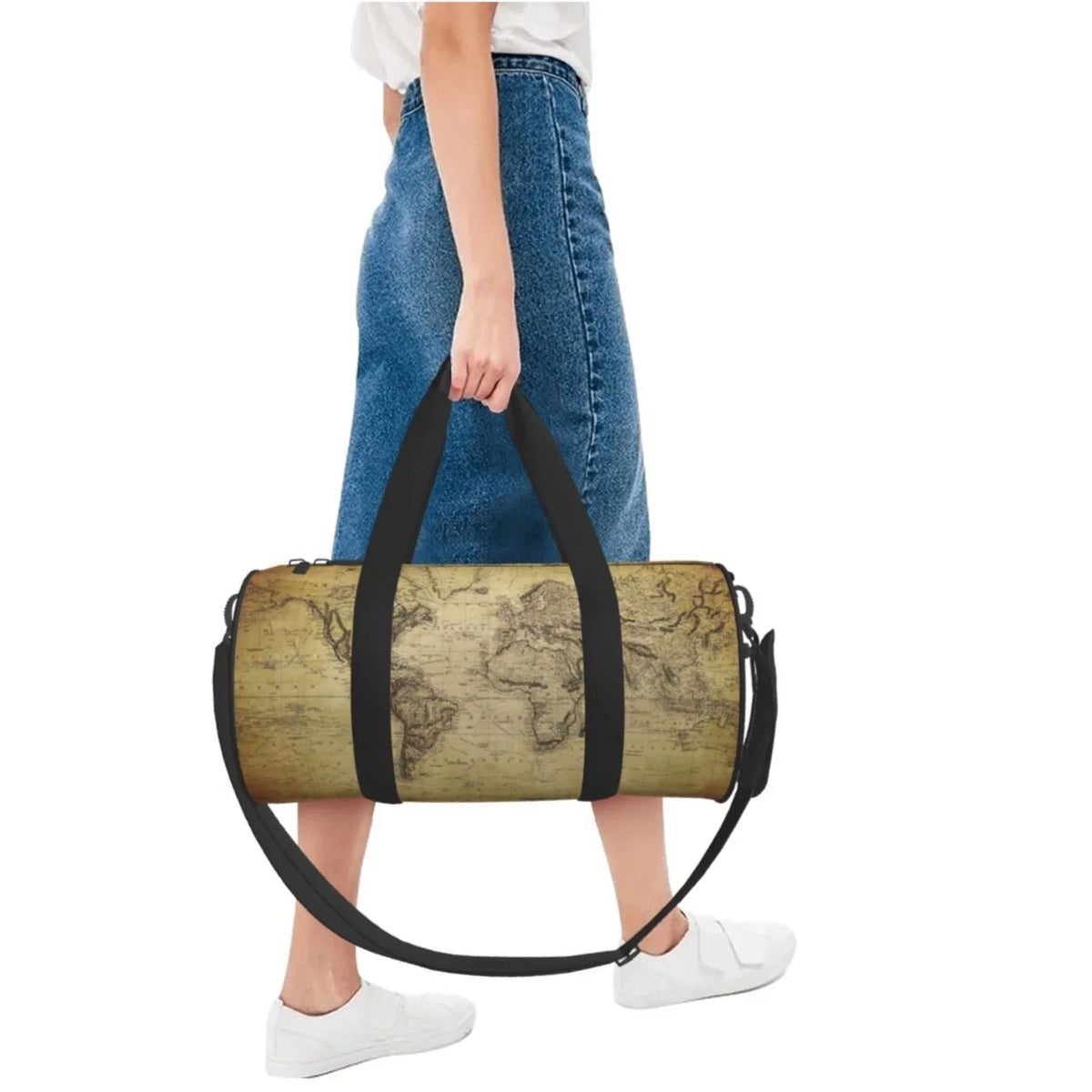 Coaee Vintage World Map Large Capacity Travel Luggage Bag Cylinder Gym Bag Fluid Sports Bag with Pocket and Compartment