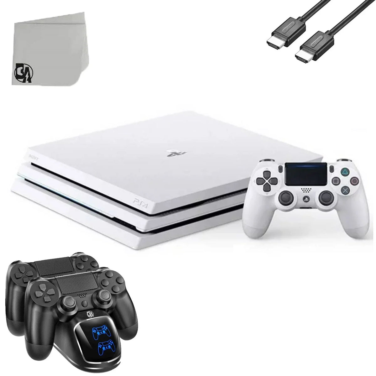 PlayStation 4 Pro 1TB Gaming Console White with Charging Dock HDMI Cable Bolt Axtion Refurbished