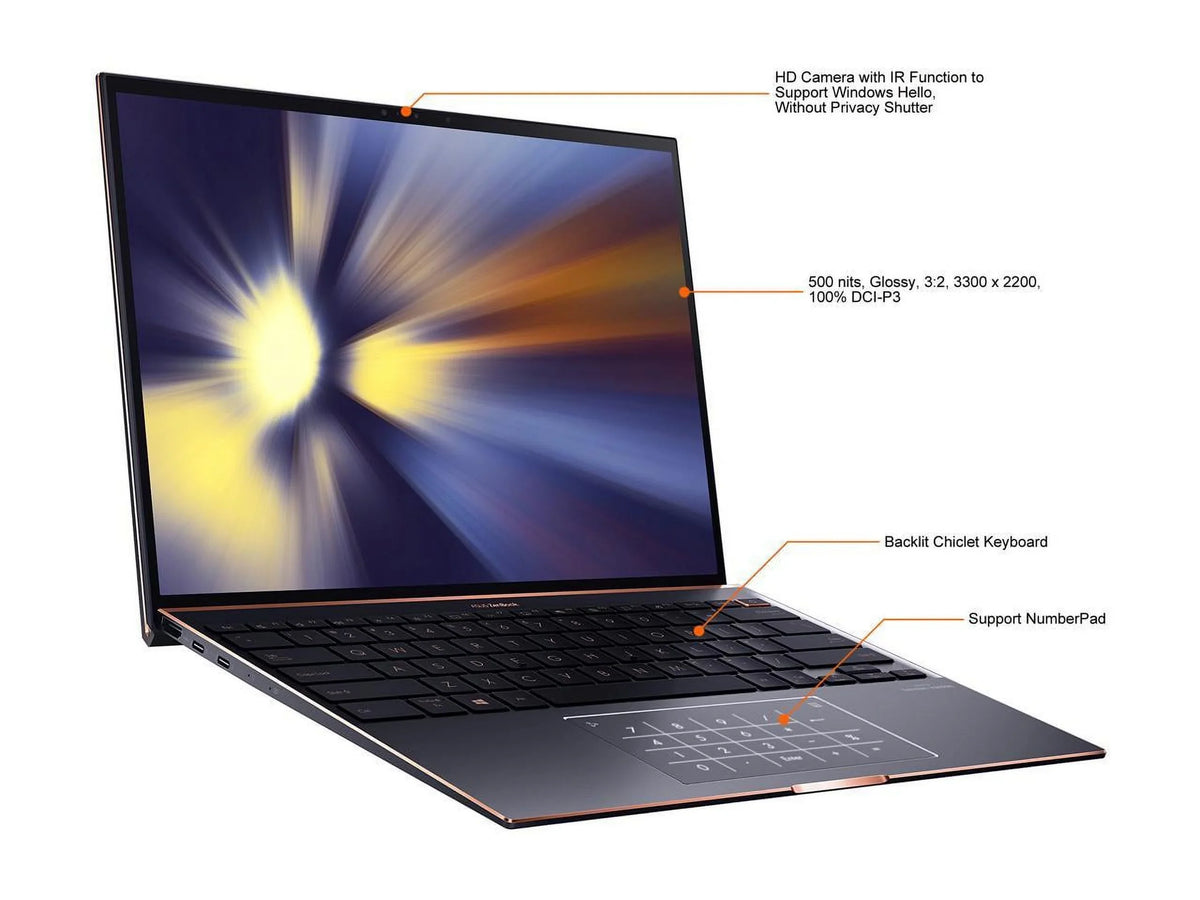 ZenBook S Ultra Slim Notebook 13.9" 3300x2200 3:2 500nits Touch Display, Evo Platform Core i7-1165G7 CPU, 16GB RAM, 1TB SSD, Thunderbolt 4, TPM, Windows 10 Pro, Jade Black, UX393EA-XB77T