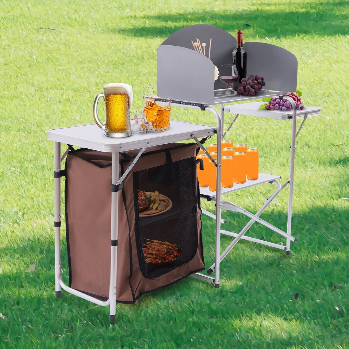 Folding Camping Station Portable Barbecue Table Rack+Brown Fabric Cover