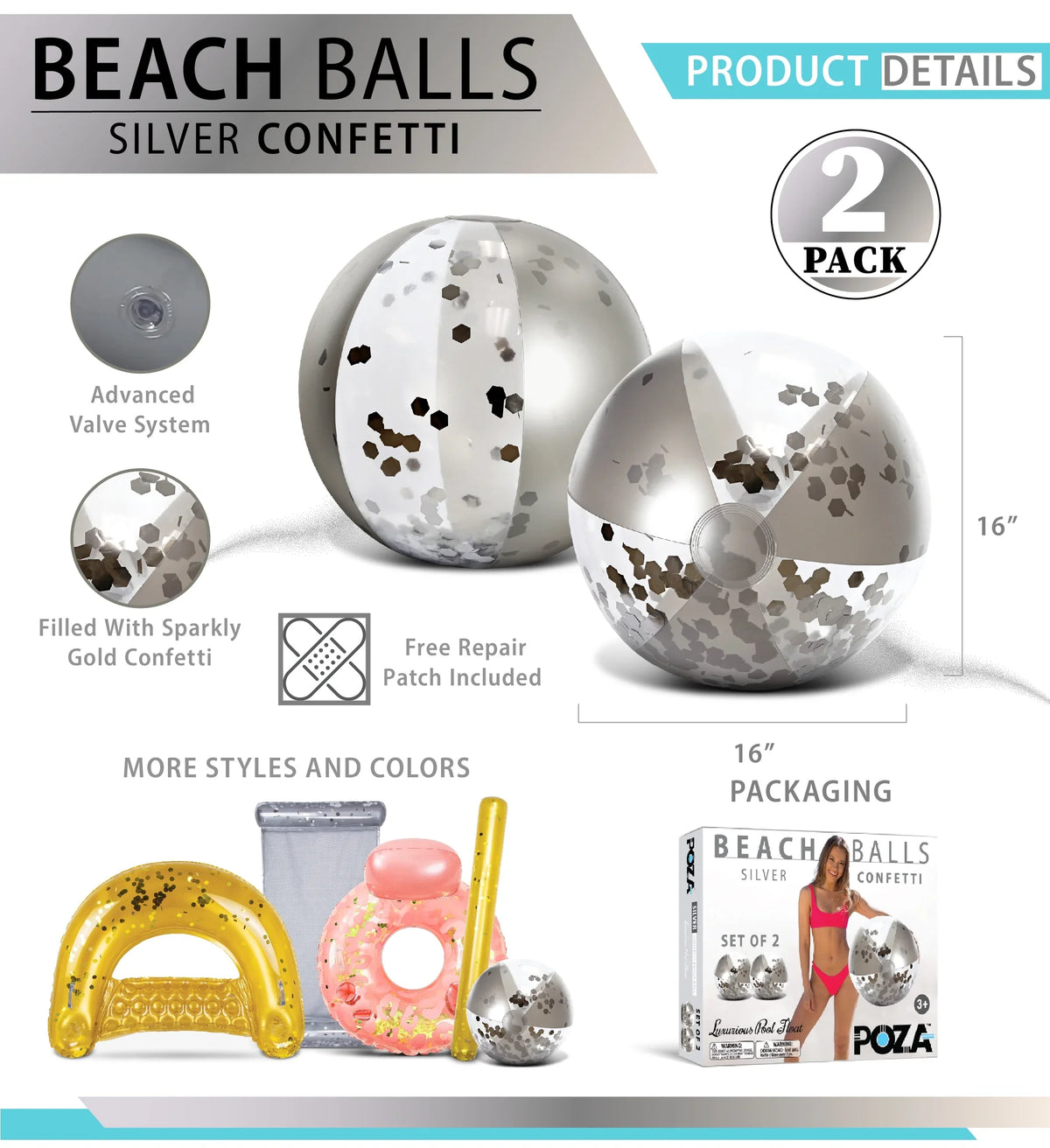 Mozlly Bundle of Silver & Gold Inflatable Beach Balls Set of 4 - Premium Heavy Duty Confetti Pool Balls, Size 16 Inch, Fun Fluid Pool Float Toys for Beach, Lake, Party, Vacation, Decor - 4 Pack