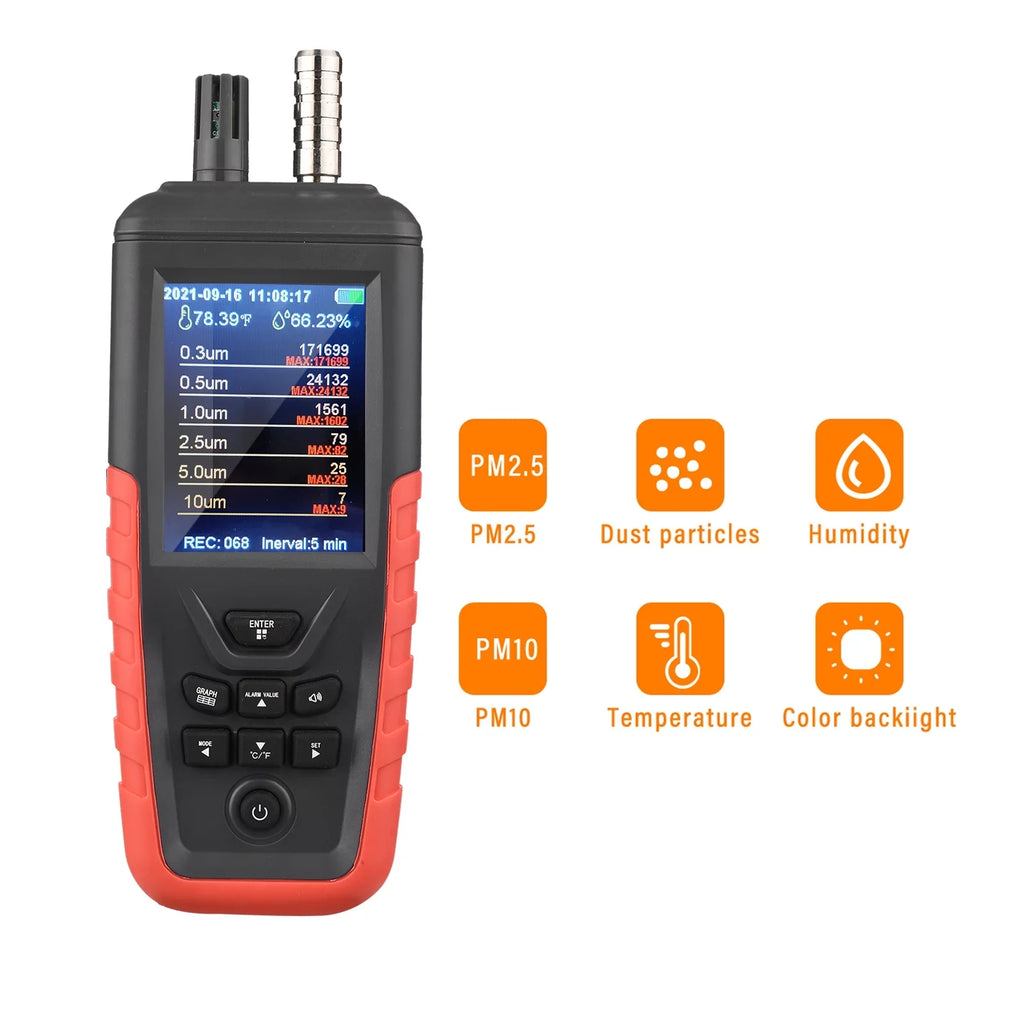 Walmeck Dust Particle Counter 6-Channel 0.3um/ 0.5μm/ 1.0μm/ 2.5μm/ 5.0μm/ 10um PM2.5 PM10 Detector with 3.2-inch Backlight TFT Color Monitor Air Quality Tester Temperature Humidity Home Offi
