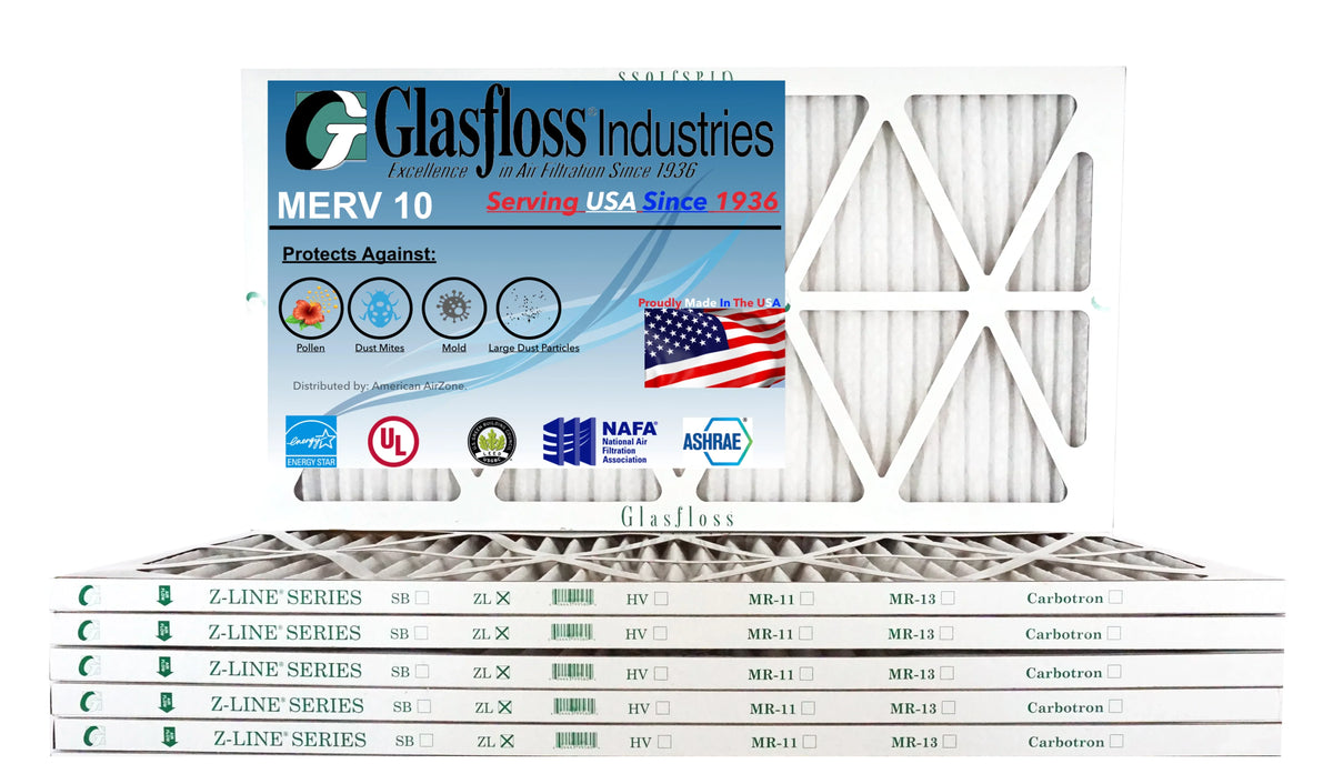Glasfloss 14x30x1 - MERV 10 -Qty:6 - Furnace Air Filter - Made in USA (Actual Size: 13.5 x 29.5x7/8 inch)