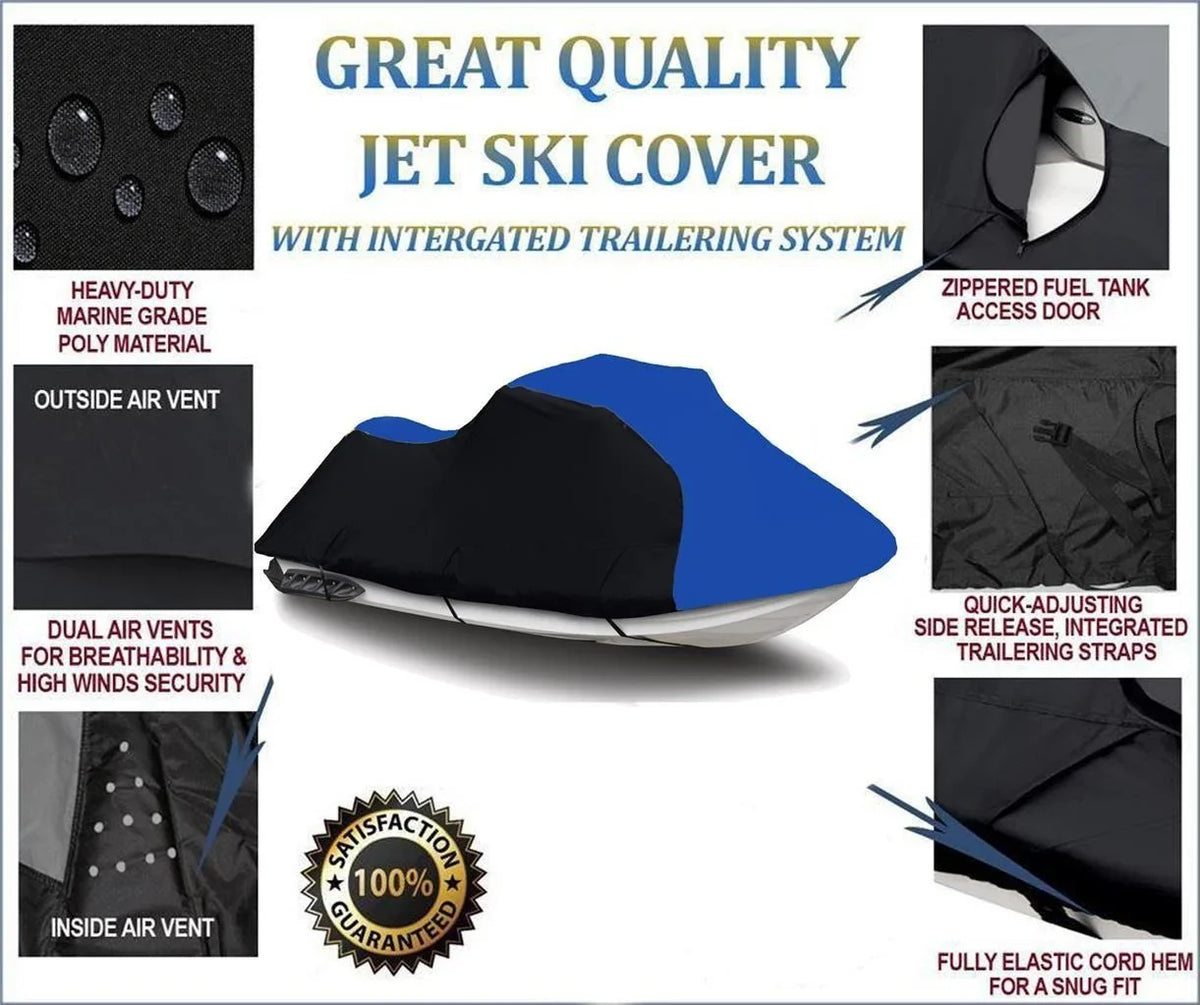 BLACK / BLUE HEAVY-DUTY, 600 DENIER Cover Compatible for Sea Doo Sea-Doo Bombardier GTi 2006 2007 2008 2009 / SE 155 2007 2008 2009 2010 Jet Ski Trailerable Cover