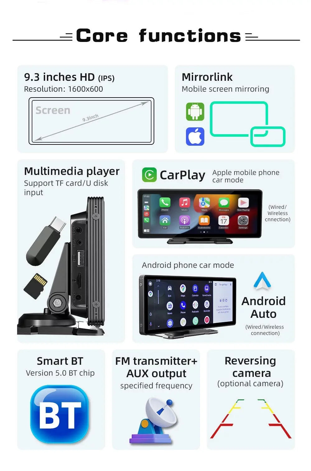 Portable Car Stereo Wireless CarPlay & Android Auto, Car Radio 10.26" Monitor Bluetooth5.0, Mirror Link, Maps Navigation, Voice Control,AUX Cable Vehicles