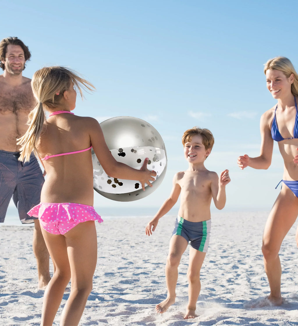 Mozlly Bundle of Silver & Gold Inflatable Beach Balls Set of 4 - Premium Heavy Duty Confetti Pool Balls, Size 16 Inch, Fun Fluid Pool Float Toys for Beach, Lake, Party, Vacation, Decor - 4 Pack