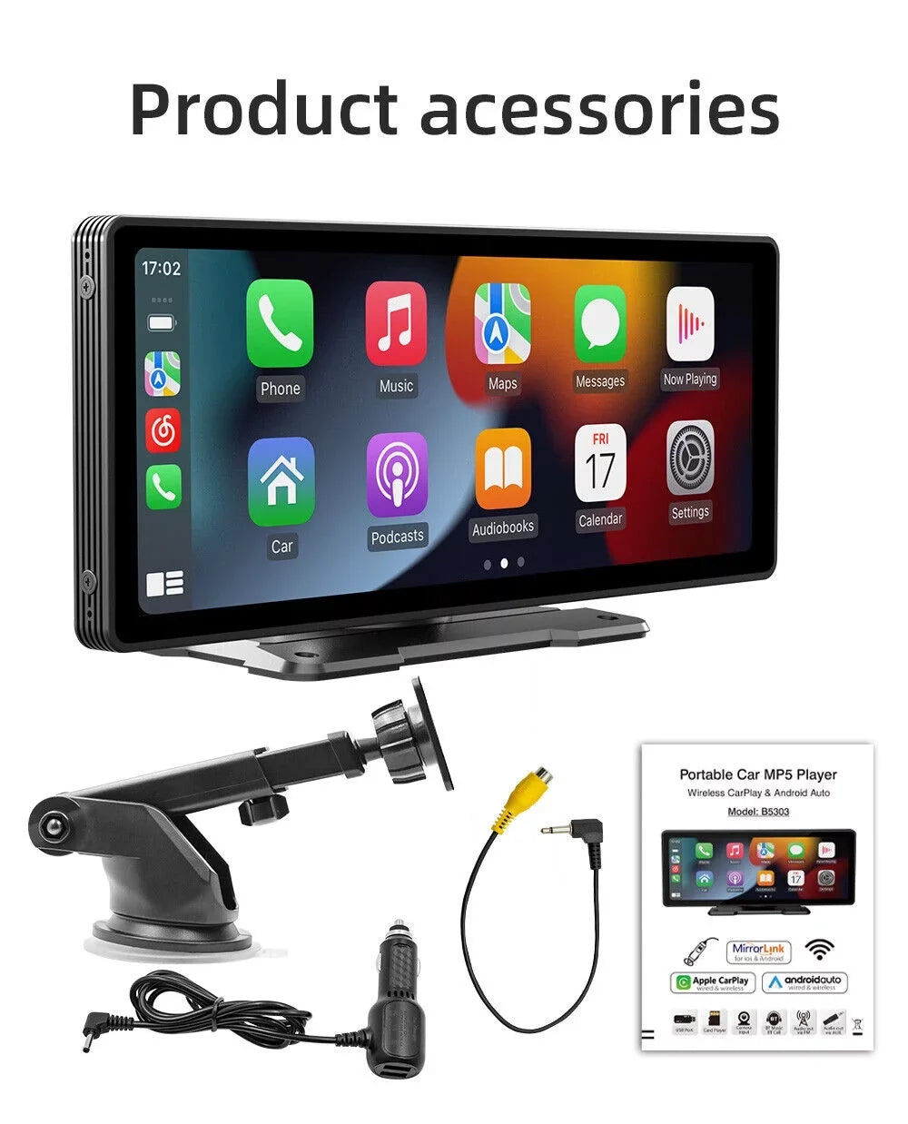 Portable Car Stereo Wireless CarPlay & Android Auto, Car Radio 10.26" Monitor Bluetooth5.0, Mirror Link, Maps Navigation, Voice Control,AUX Cable Vehicles