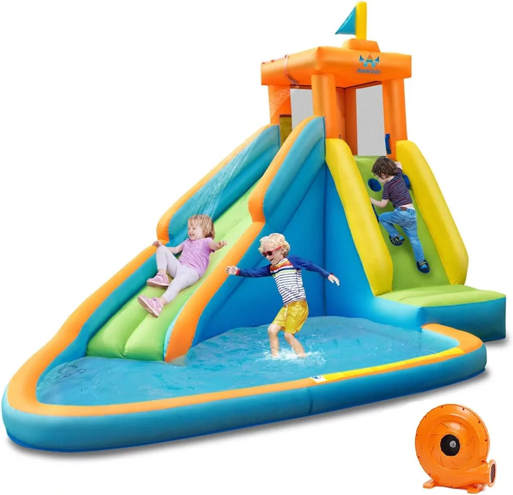 Inflatable Liquid Slide, Hippo Themed Liquid Slides for Kids Backyard w/Long Slide, 740w Blower, Splashing Pool, Liquid Cannon, Indoor Outdoor Blow up Giant Fluid Park for Big Kids and Adults